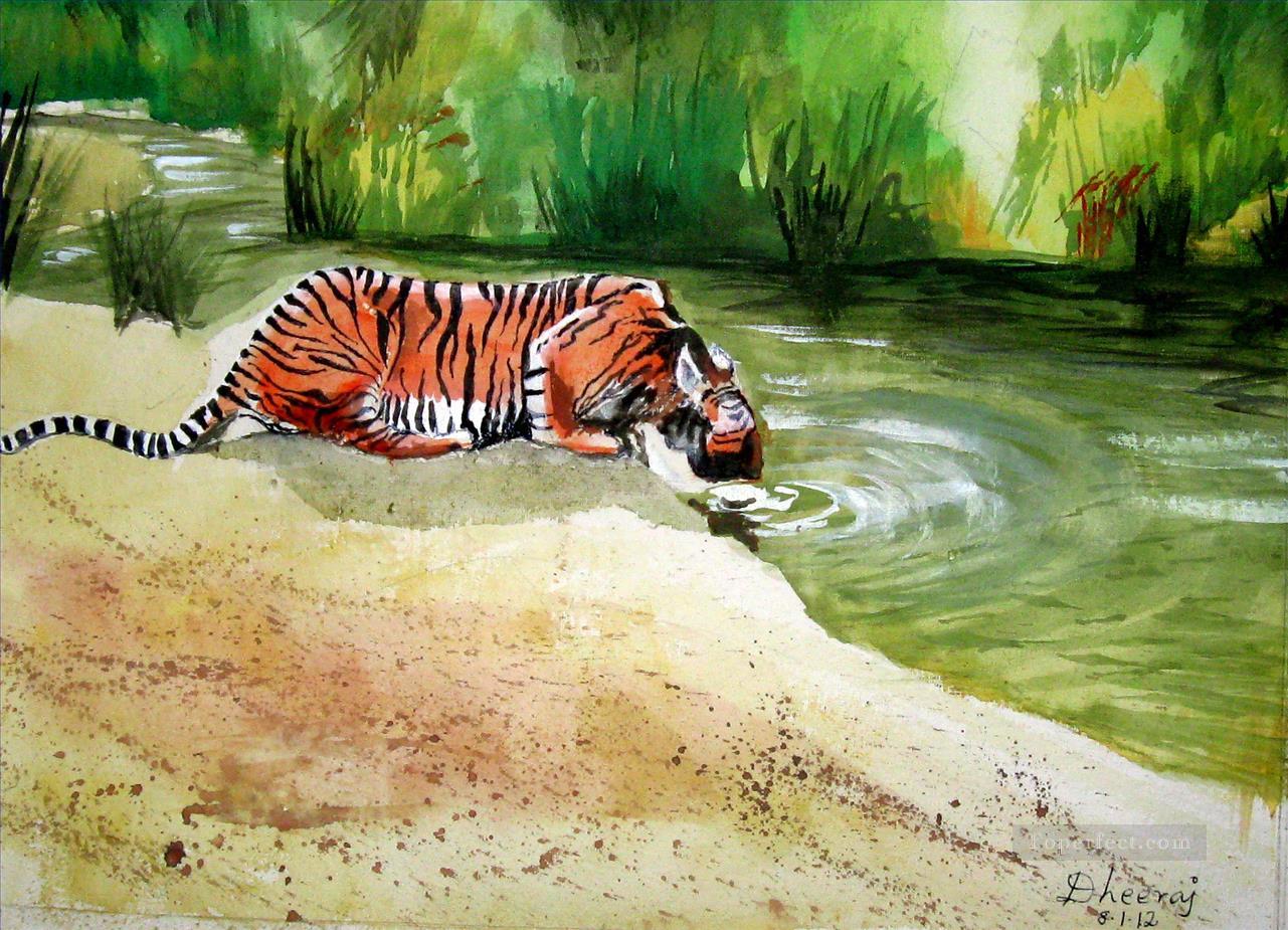 tigre assoiffé Peintures à l'huile